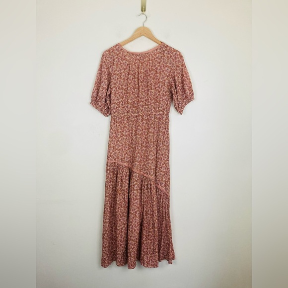 Sundance orange & brown floral print lace trim asymmetric flounce maxi dress. S - Picture 6 of 8